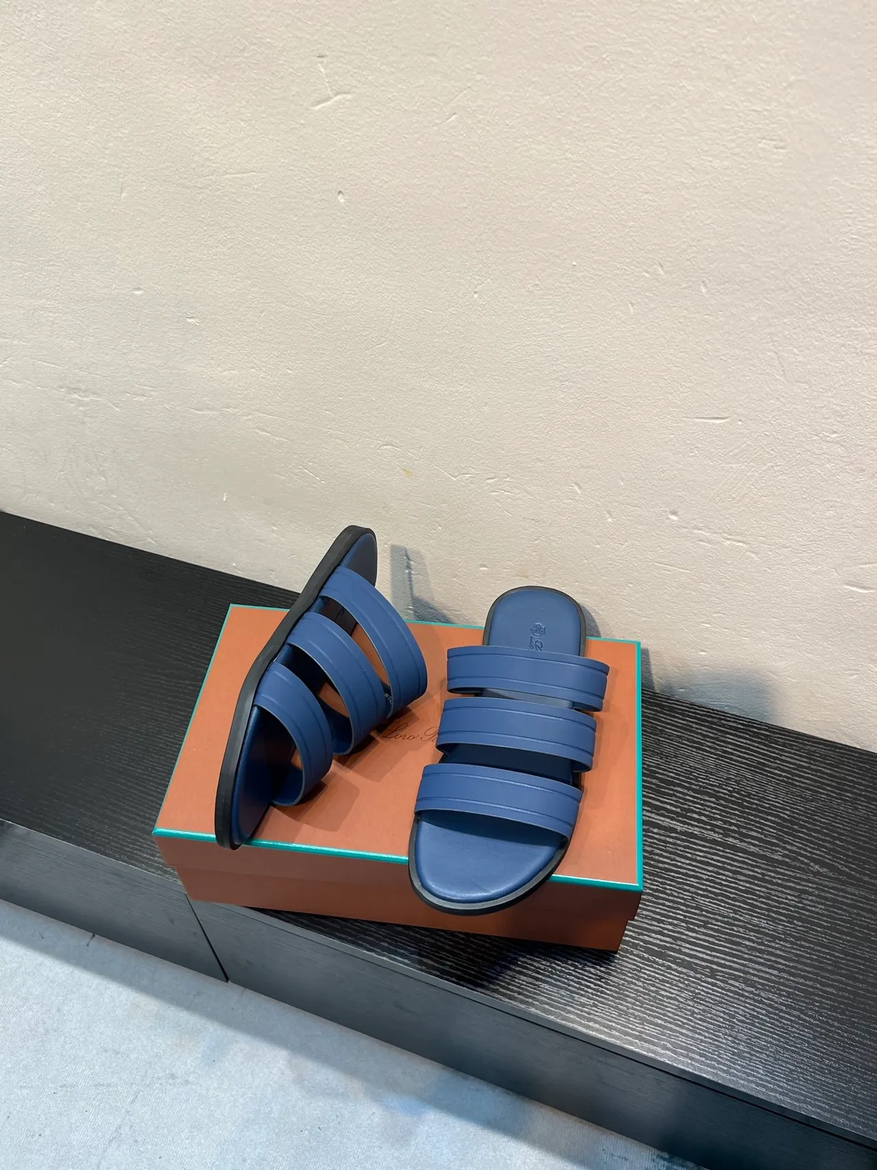 Loro Piana Three-Strap Slide Blue Black Slippers 4