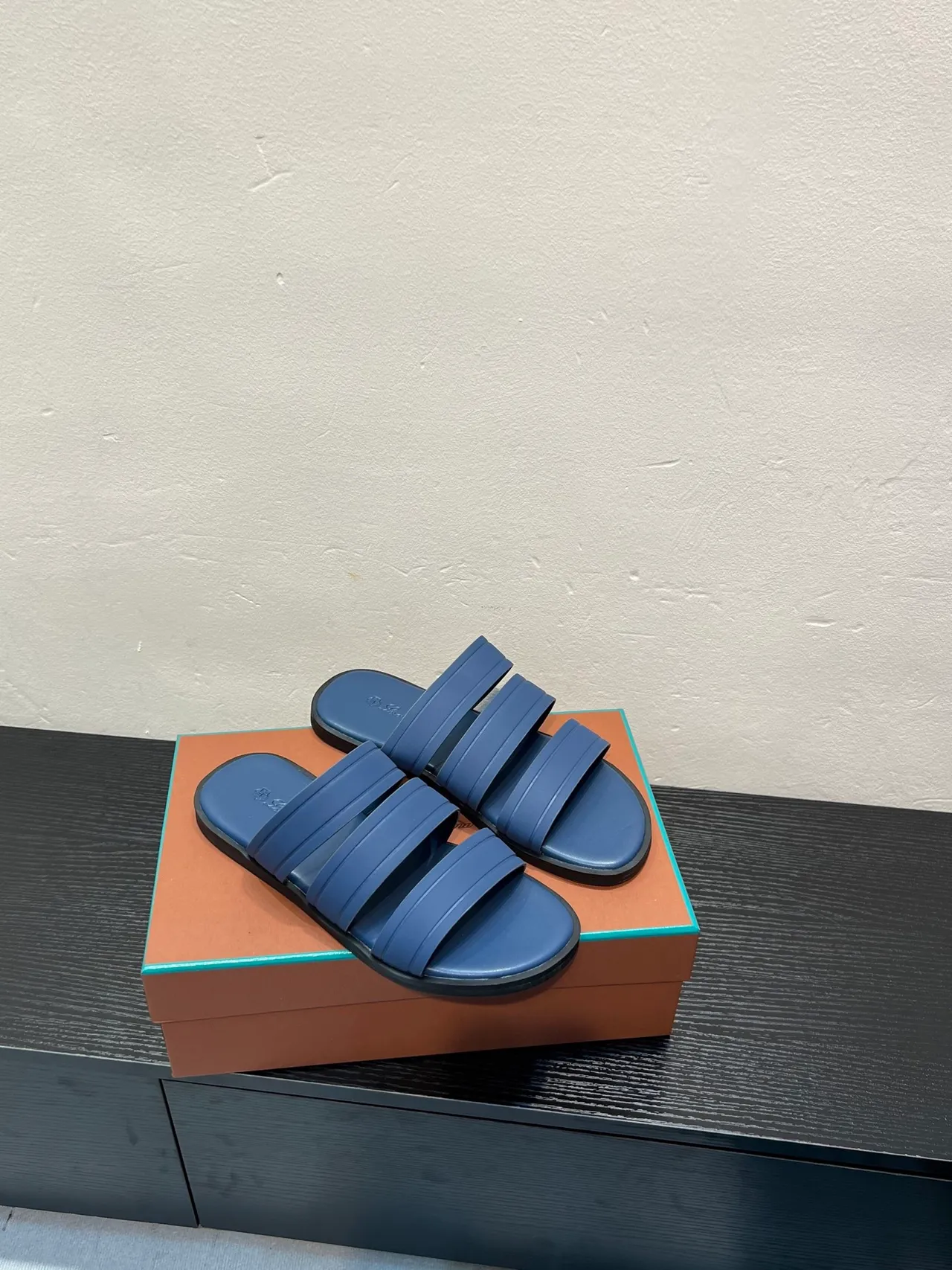 Loro Piana Three-Strap Slide Blue Black Slippers 5