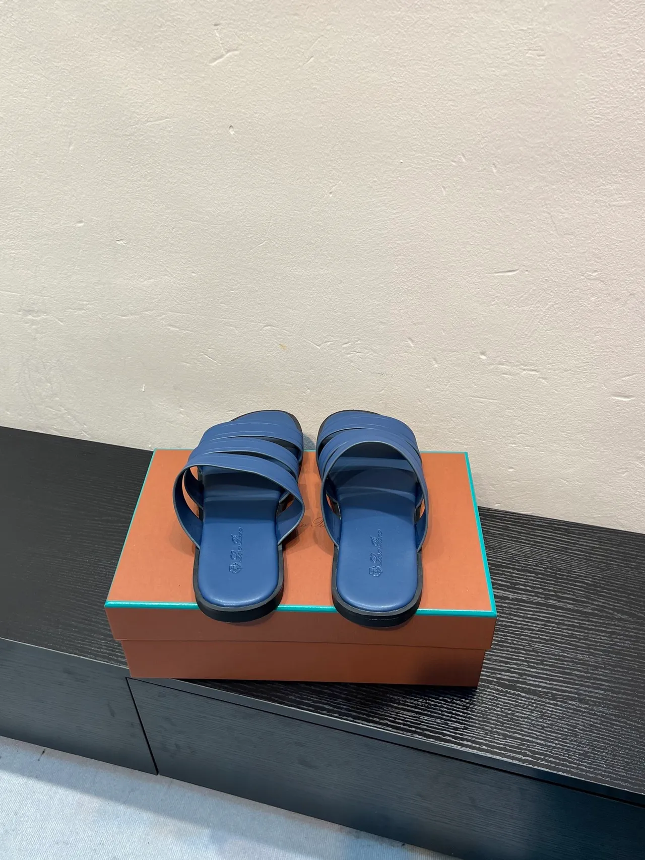 Loro Piana Three-Strap Slide Blue Black Slippers 6