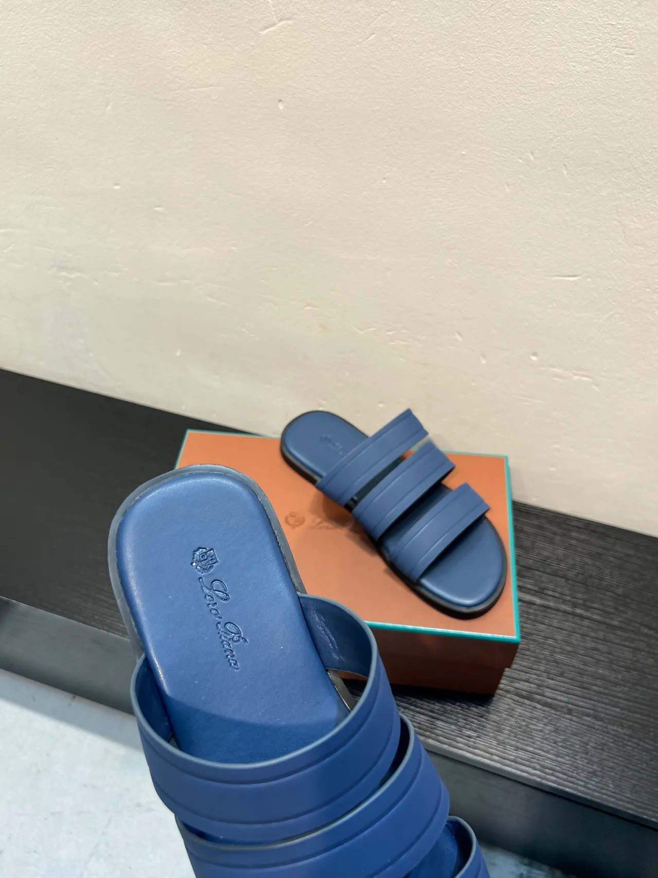 Loro Piana Three-Strap Slide Blue Black Slippers 7