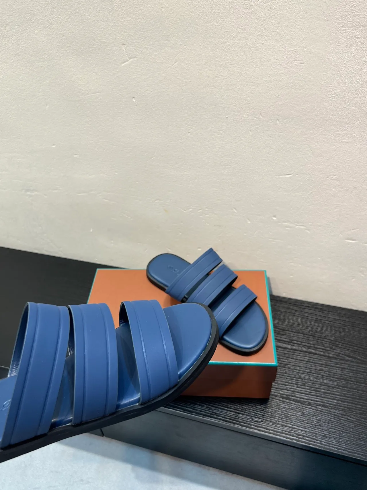 Loro Piana Three-Strap Slide Blue Black Slippers 8