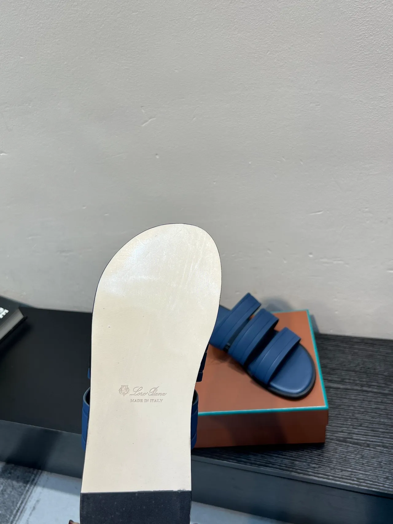 Loro Piana Three-Strap Slide Blue Black Slippers 9