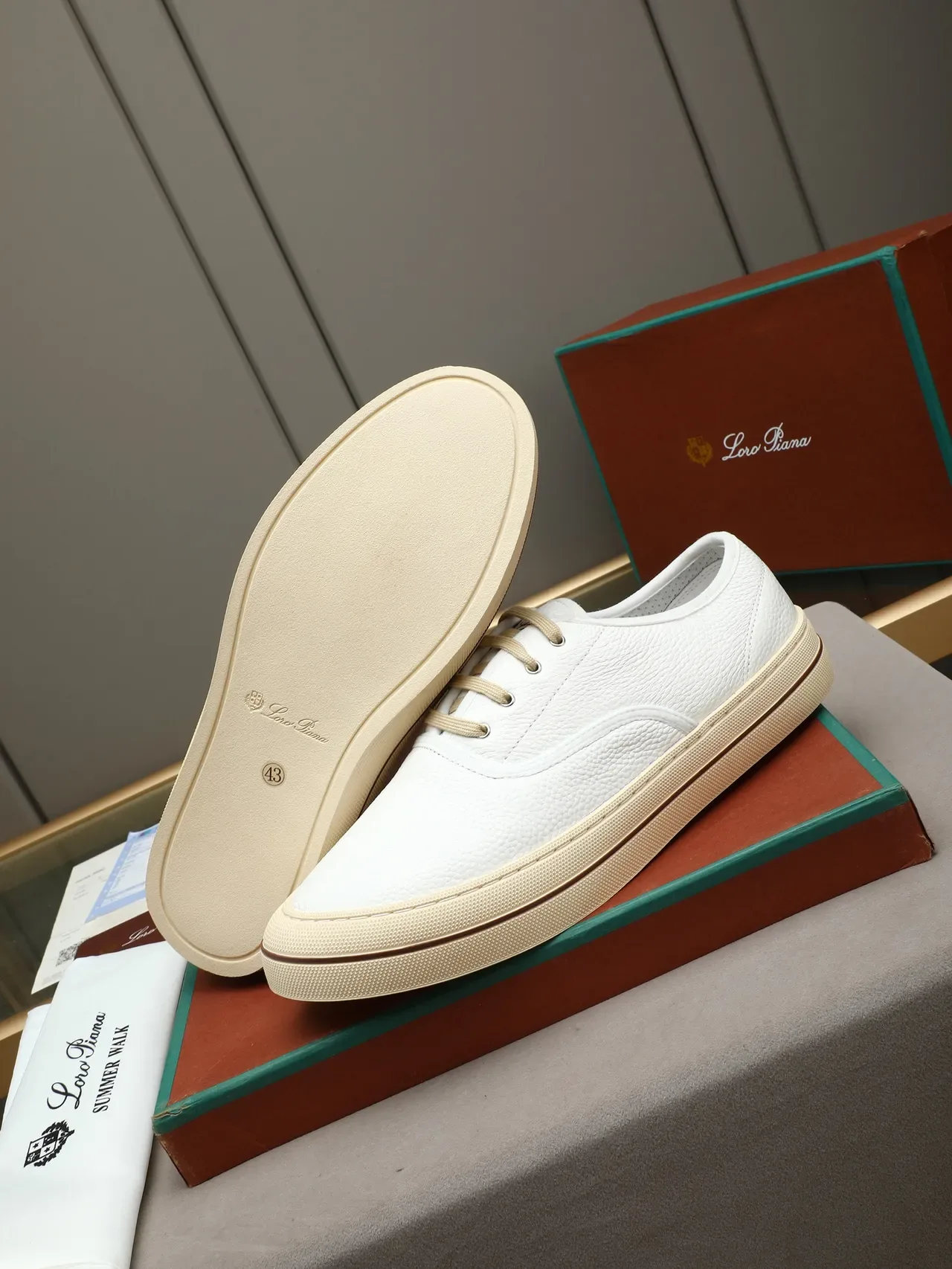 Loro Piana White Pebbled Leather Cupsole Casual Shoe 4