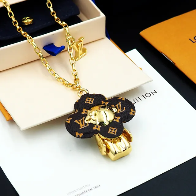 Louis Vuitton Bear Motif Clover Pendant Gold Chain Necklace 2