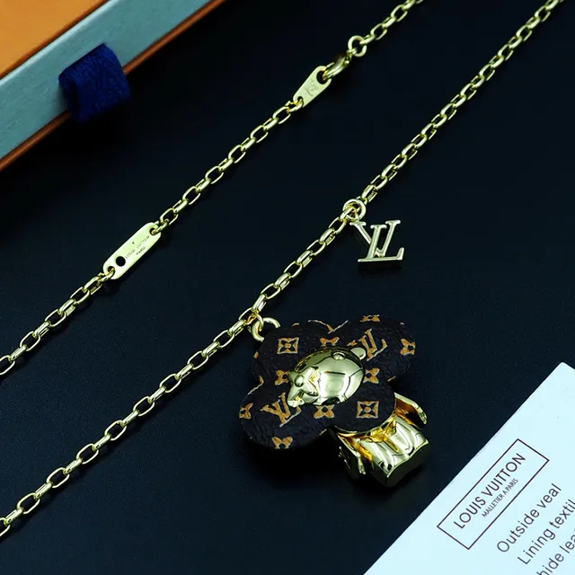 Louis Vuitton Bear Motif Clover Pendant Gold Chain Necklace 3