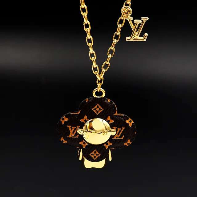 Louis Vuitton Bear Motif Clover Pendant Gold Chain Necklace 4