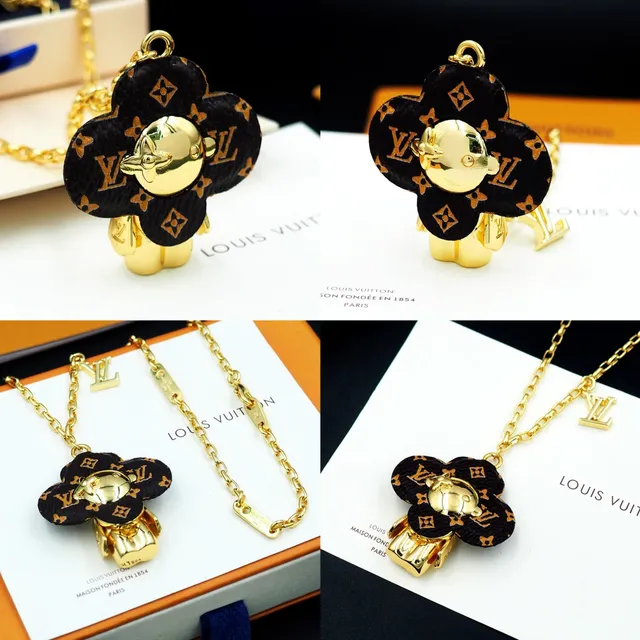 Louis Vuitton Bear Motif Clover Pendant Gold Chain Necklace 10