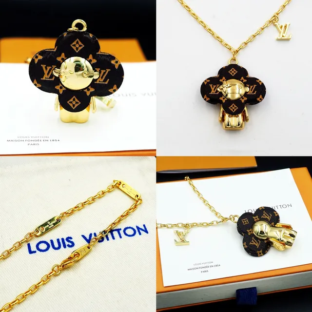 Louis Vuitton Bear Motif Clover Pendant Gold Chain Necklace 12