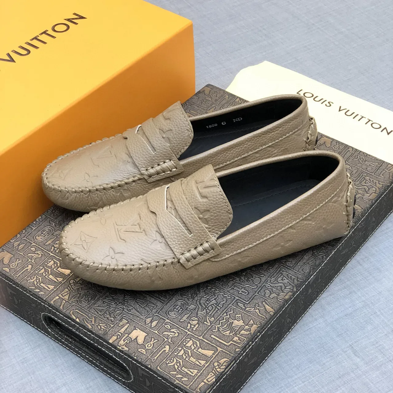Louis Vuitton Beige Black Embossed Monogram Moccasin-Stitched Sole Loafer 2