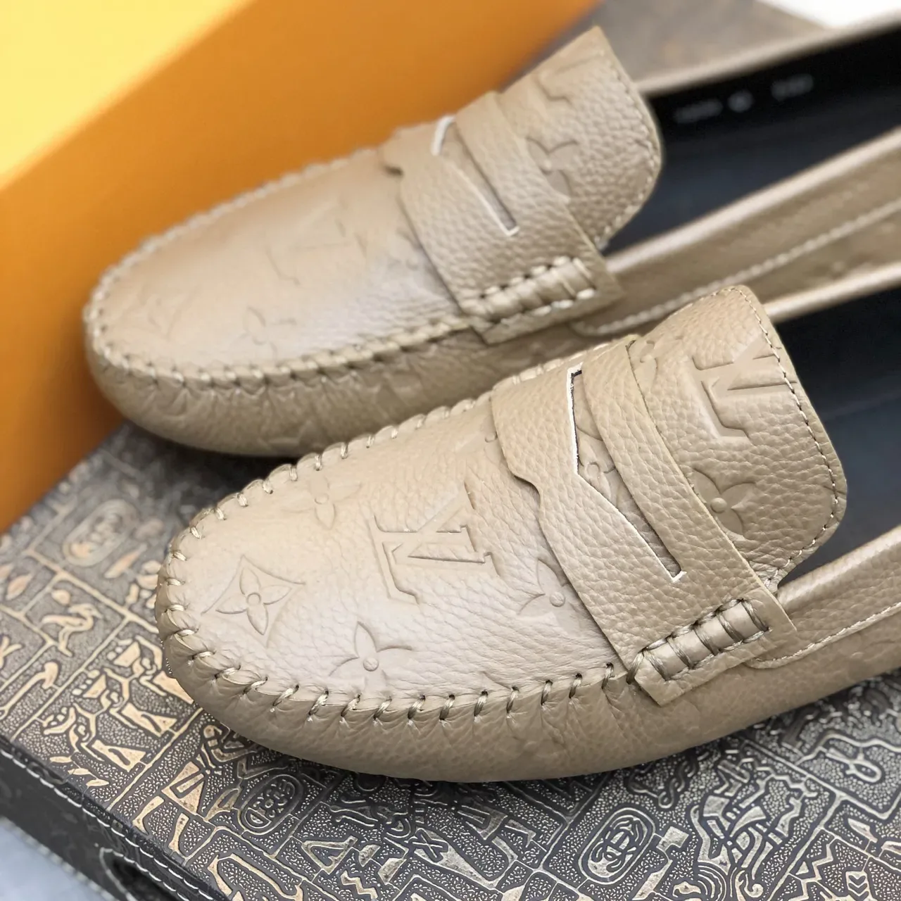 Louis Vuitton Beige Black Embossed Monogram Moccasin-Stitched Sole Loafer 5