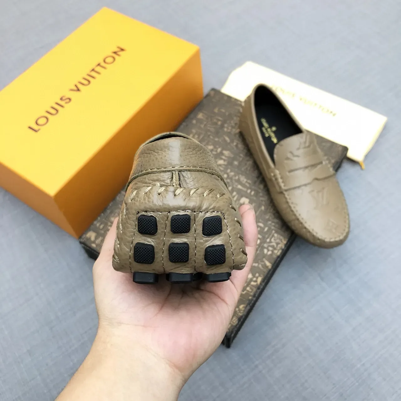 Louis Vuitton Beige Black Embossed Monogram Moccasin-Stitched Sole Loafer 6