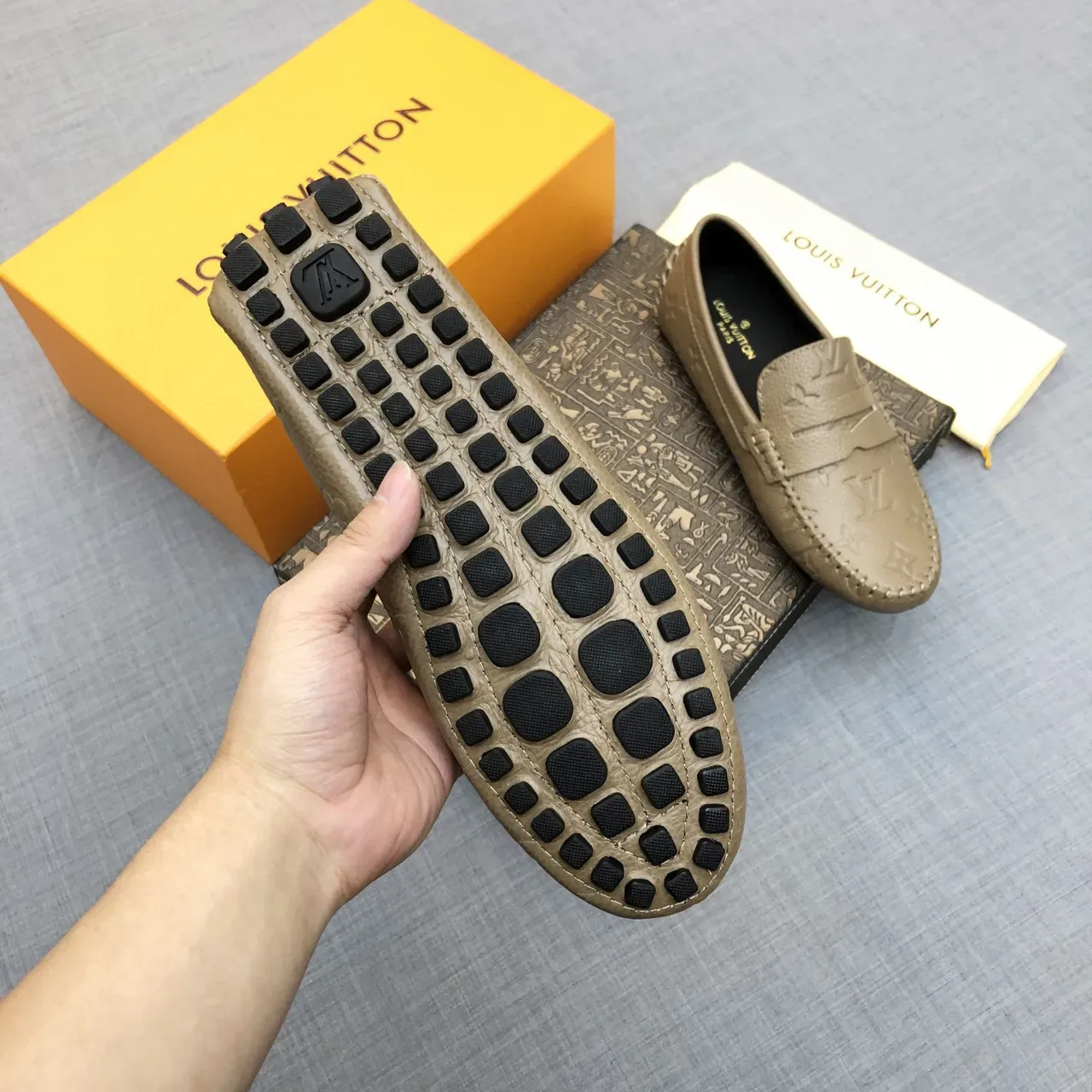Louis Vuitton Beige Black Embossed Monogram Moccasin-Stitched Sole Loafer 7