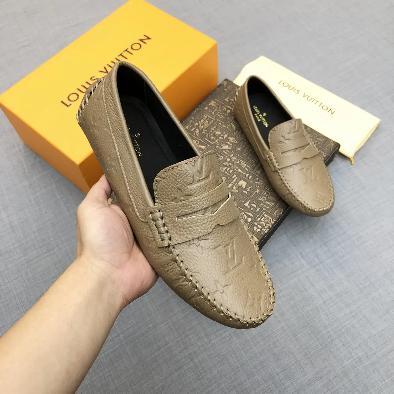 Louis Vuitton Beige Black Embossed Monogram Moccasin-Stitched Sole Loafer 8
