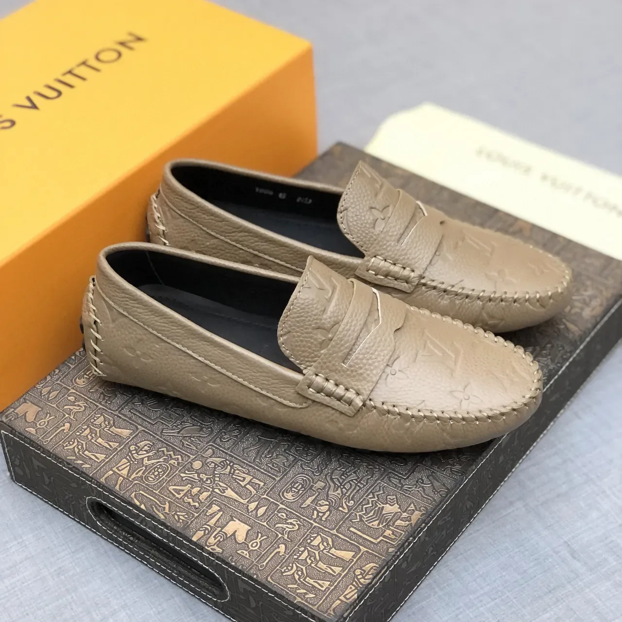 Louis Vuitton Beige Black Embossed Monogram Moccasin-Stitched Sole Loafer 9