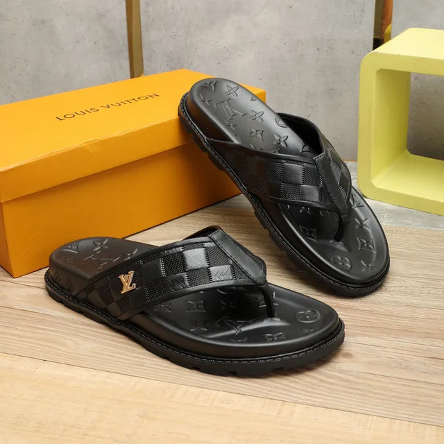 Louis Vuitton Black Gold Embossed Monogram Sole Checkerboard Strap Slippers 3