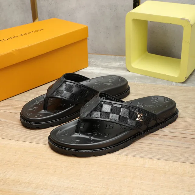 Louis Vuitton Black Gold Embossed Monogram Sole Checkerboard Strap Slippers 6
