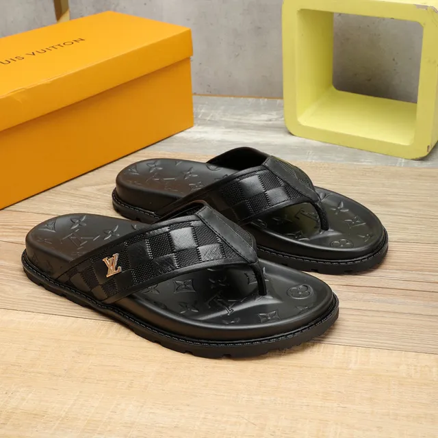 Louis Vuitton Black Gold Embossed Monogram Sole Checkerboard Strap Slippers 8