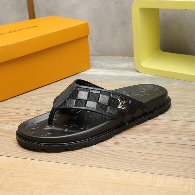 Louis Vuitton Black Gold Embossed Monogram Sole Checkerboard Strap Slippers 9