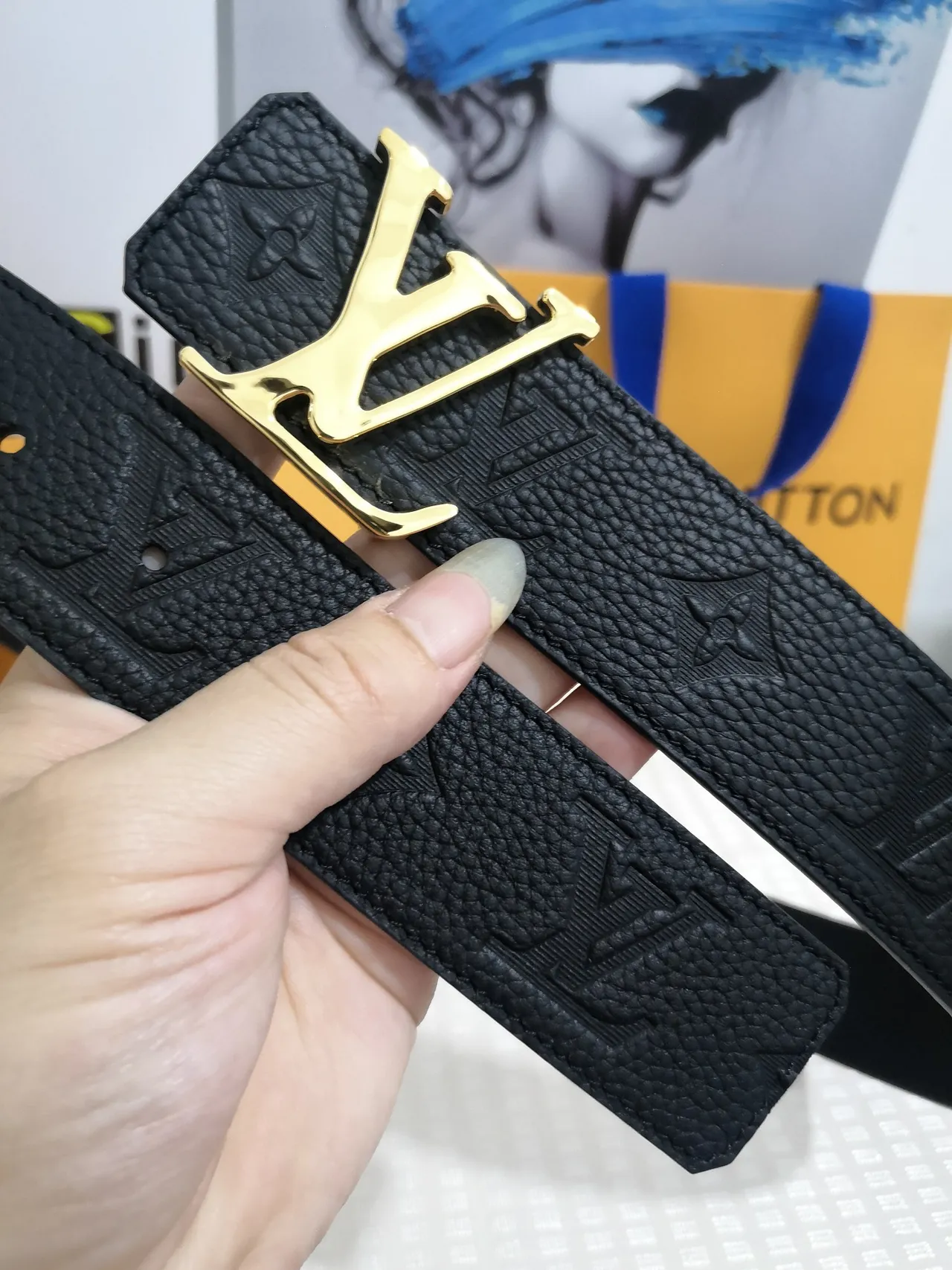 Louis Vuitton Black Gold Embossed Monogram Textured Leather Belt 5