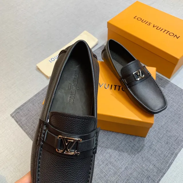 Louis Vuitton Black Gold Pebbled Leather Square-Toe Loafer 5