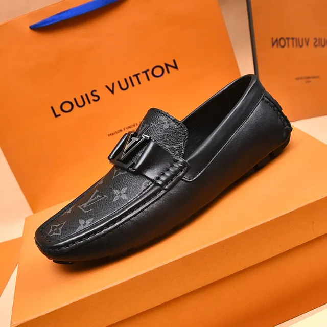 Louis Vuitton Mocassin Noir Gris Monogramme Toile avec Garniture Cuir 6