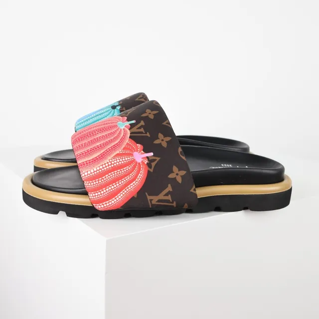 Louis Vuitton Black Multicolor Monogram Canvas Strap Sculpted Platform Sole Slippers 1