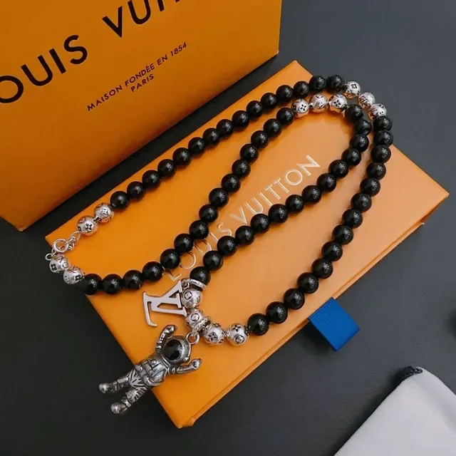 Louis Vuitton Black Silver Beaded Necklace 5