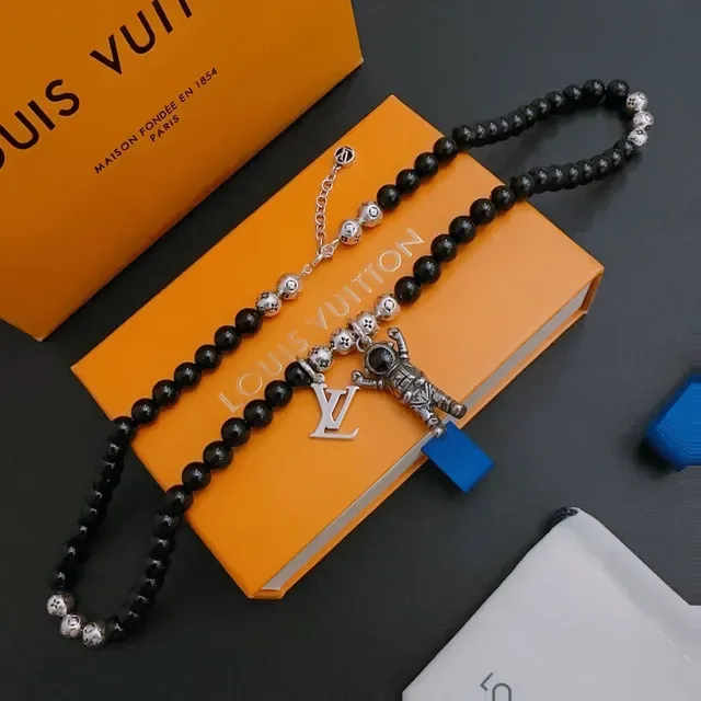 Louis Vuitton Black Silver Beaded Necklace 8