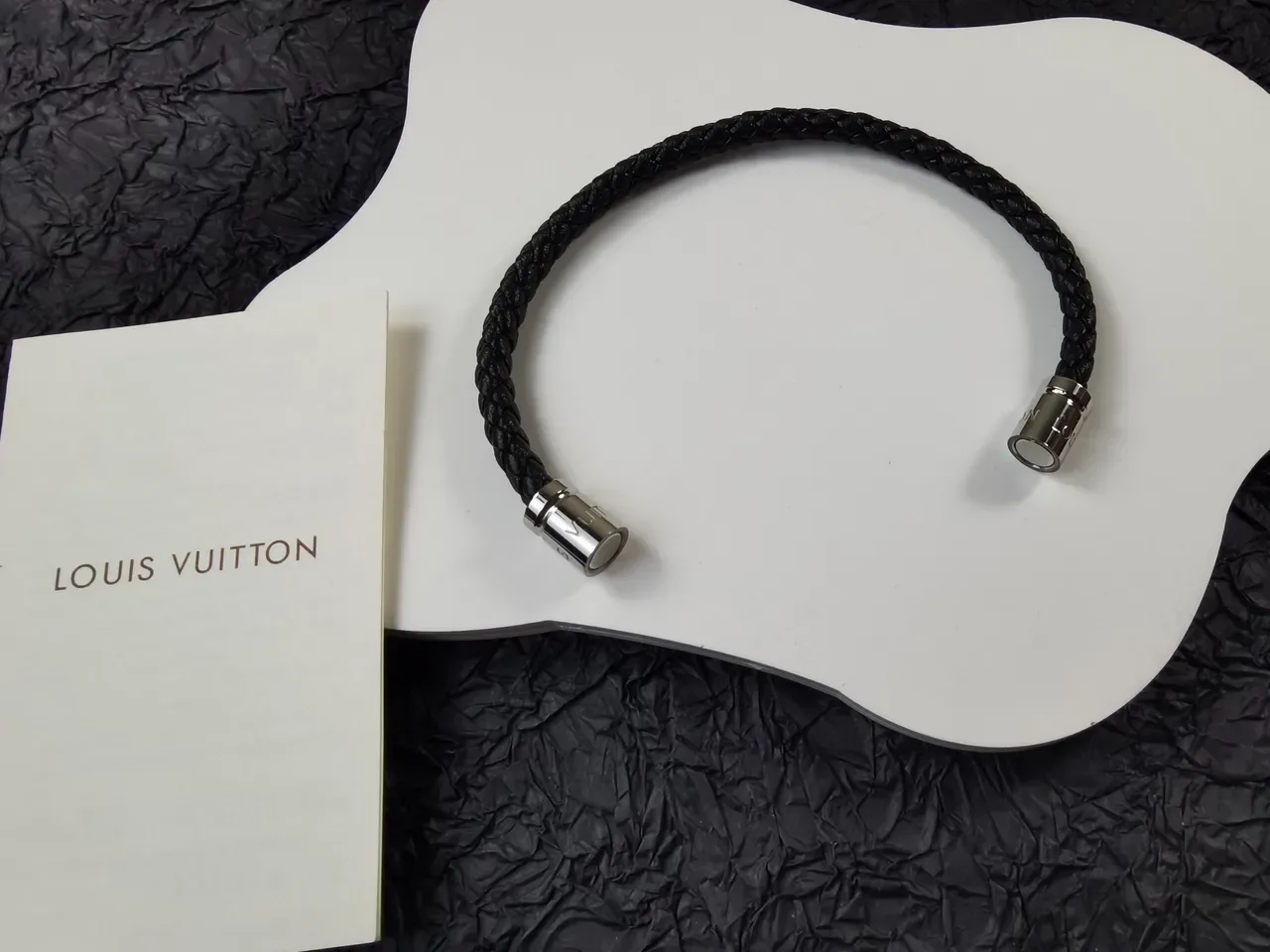 Louis Vuitton Black Silver Braided Leather Cylindrical Metal Clasp Bracelet 3