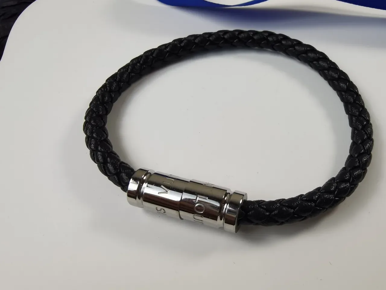 Louis Vuitton Black Silver Braided Leather Cylindrical Metal Clasp Bracelet 4