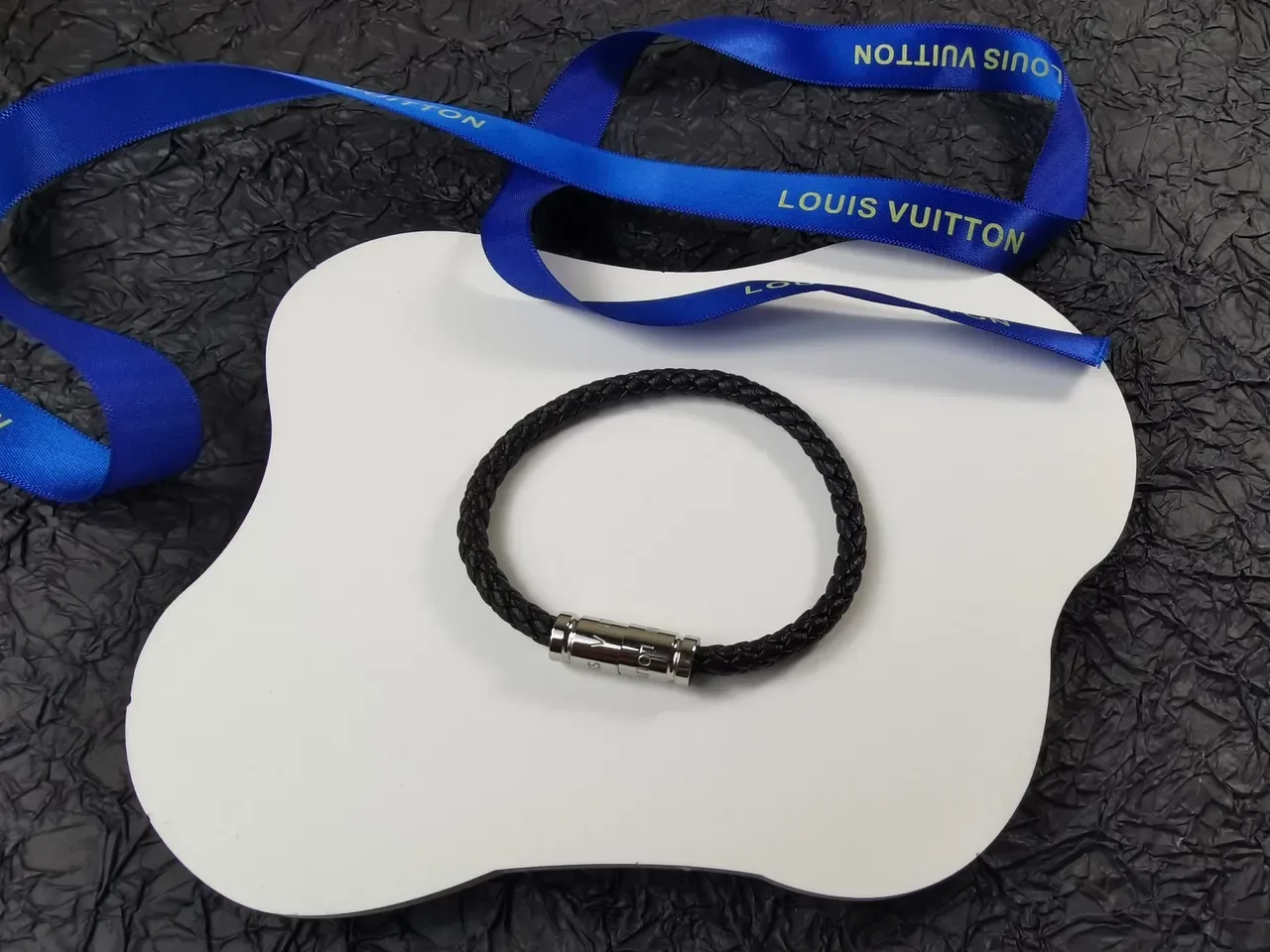 Louis Vuitton Black Silver Braided Leather Cylindrical Metal Clasp Bracelet 5