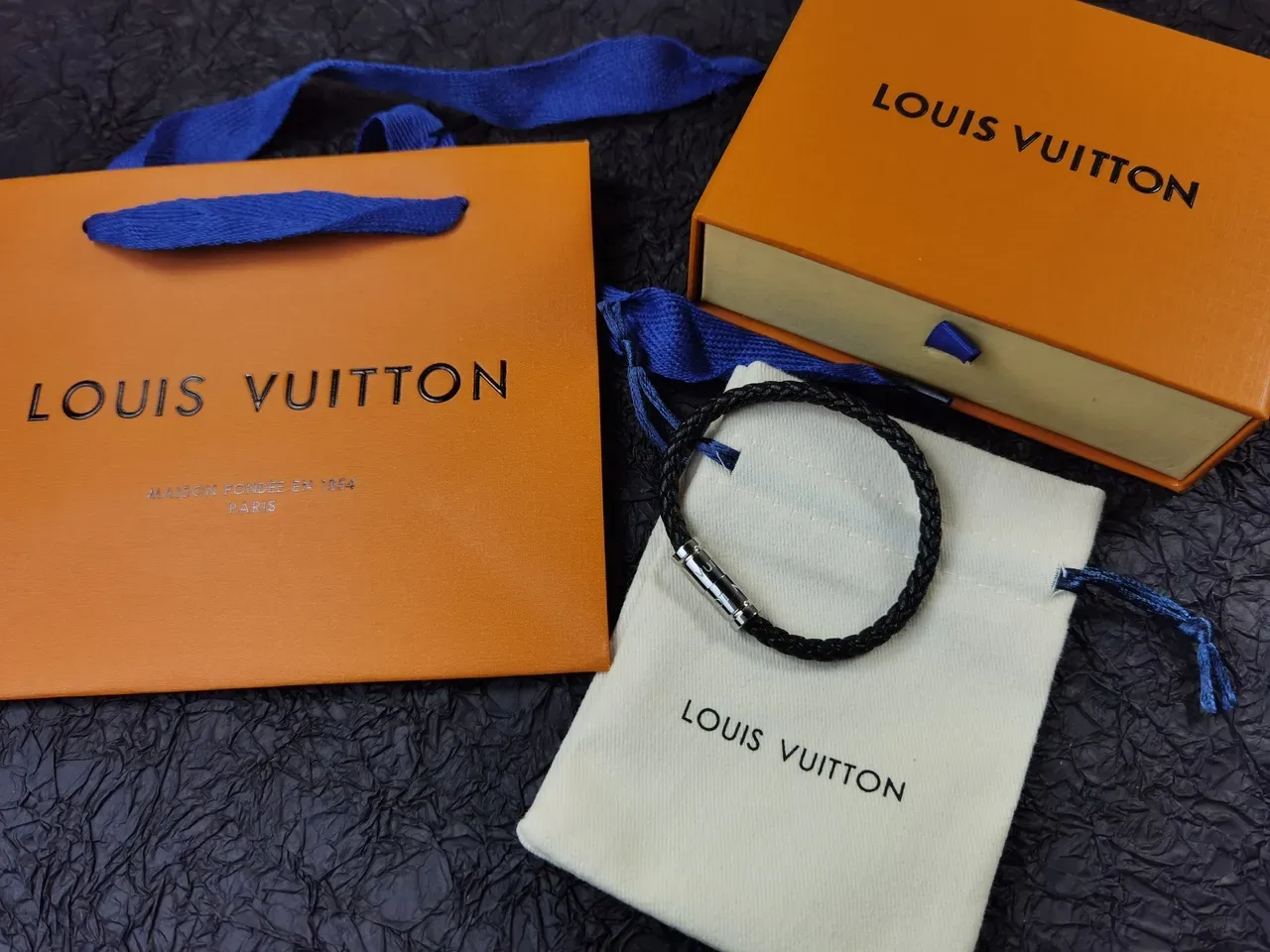 Louis Vuitton Black Silver Braided Leather Cylindrical Metal Clasp Bracelet 7