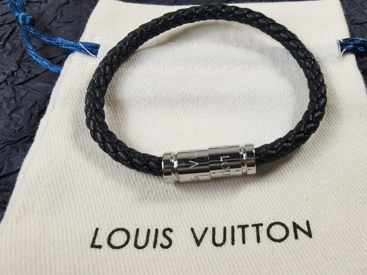 Louis Vuitton Black Silver Braided Leather Cylindrical Metal Clasp Bracelet 8
