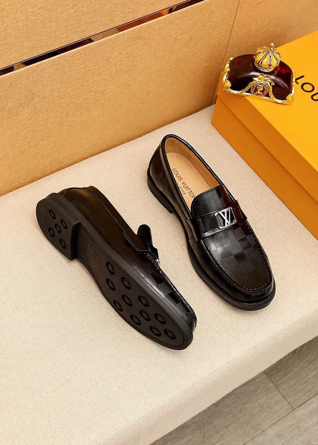 Louis Vuitton Black Silver Polished Leather Checkered Damier Pattern Loafer 8