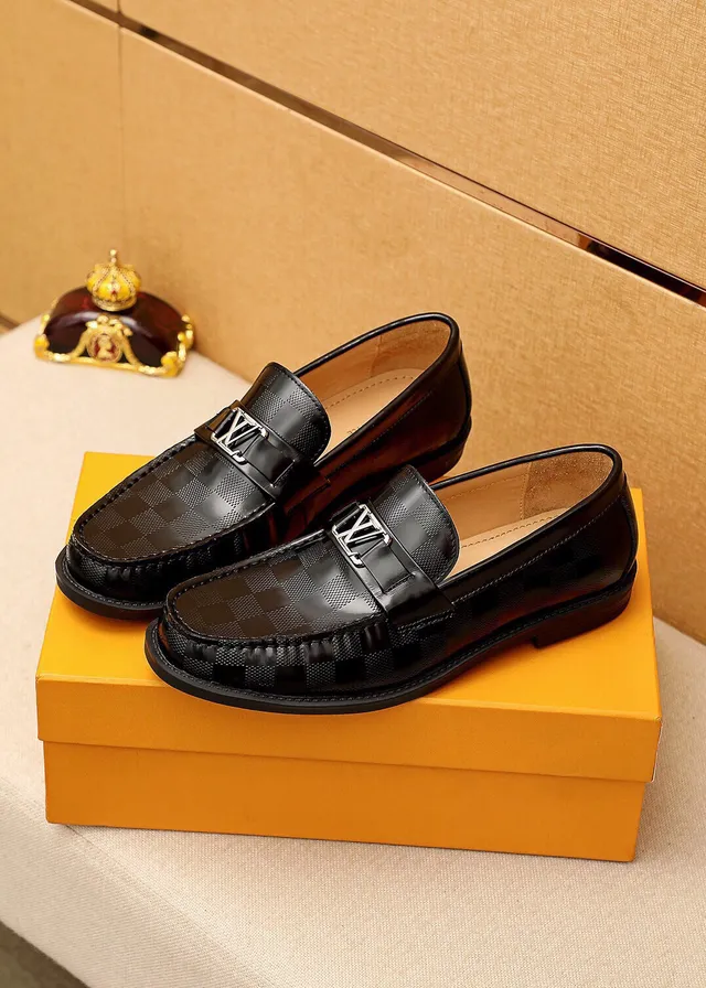 Louis Vuitton Black Silver Polished Leather Checkered Damier Pattern Loafer 9