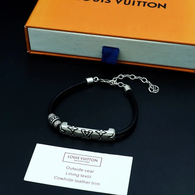 Louis Vuitton Black Silver Rubber Cord Antiqued Metal Bracelet 4