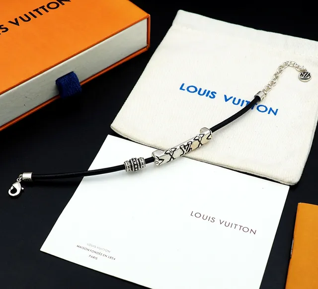 Louis Vuitton Black Silver Rubber Cord Antiqued Metal Bracelet 5