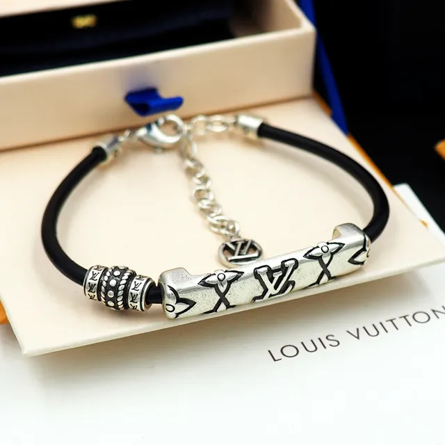 Louis Vuitton Black Silver Rubber Cord Antiqued Metal Bracelet 6