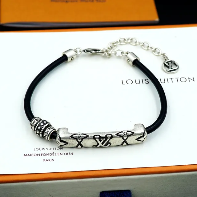 Louis Vuitton Black Silver Rubber Cord Antiqued Metal Bracelet 8