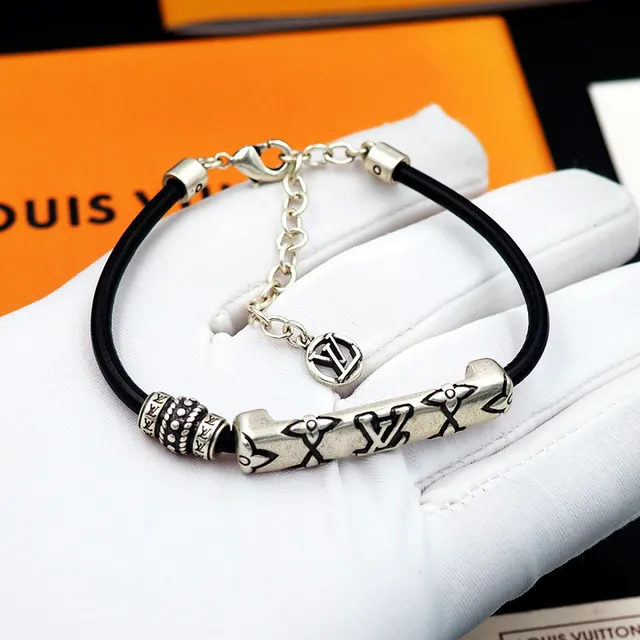 Louis Vuitton Black Silver Rubber Cord Antiqued Metal Bracelet 9