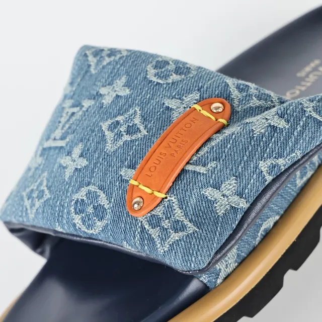 Louis Vuitton नेवी ब्लू डेनिम मोनोग्राम स्ट्रैप नारंगी चमड़ी टैब स्लिपर्स 6
