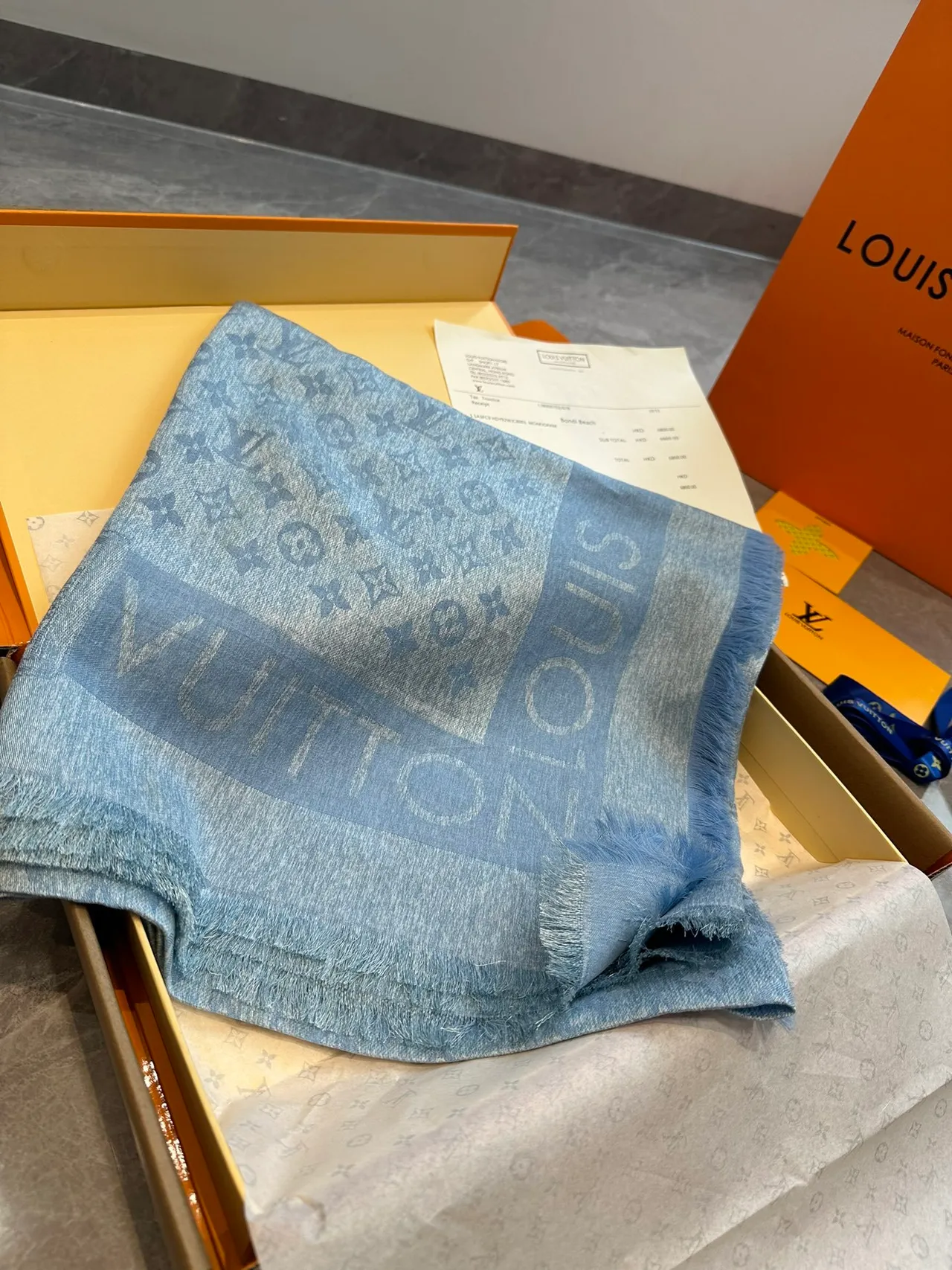 Louis Vuitton नीला नेवी लाइट मोनोग्राम प्रिंट फ्रिंज्ड हेम स्कार्फ 4