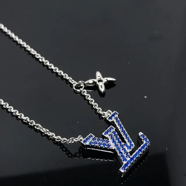 Louis Vuitton Blue Silver Pavé-Set Crystals Interlocking LV Monogram Necklace 2