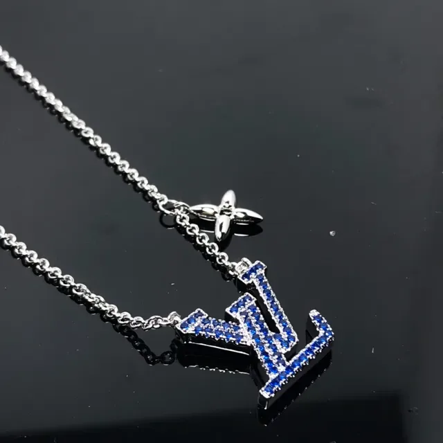 Louis Vuitton Blue Silver Pavé-Set Crystals Interlocking LV Monogram Necklace 3