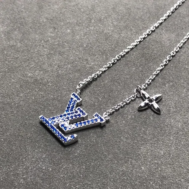 Louis Vuitton Blue Silver Pavé-Set Crystals Interlocking LV Monogram Necklace 4