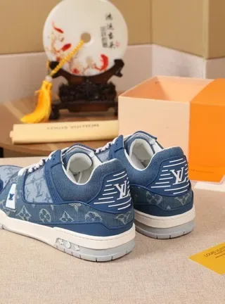 Louis Vuitton Blue White Denim-Textured Monogram Upper Layered Panel Construction Lifestyle Sneakers 3