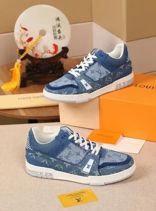Louis Vuitton Blue White Denim-Textured Monogram Upper Layered Panel Construction Lifestyle Sneakers 4