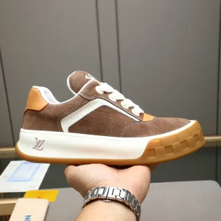 Louis Vuitton Brown Beige Suede Upper Contrast Stitching Lifestyle Sneakers