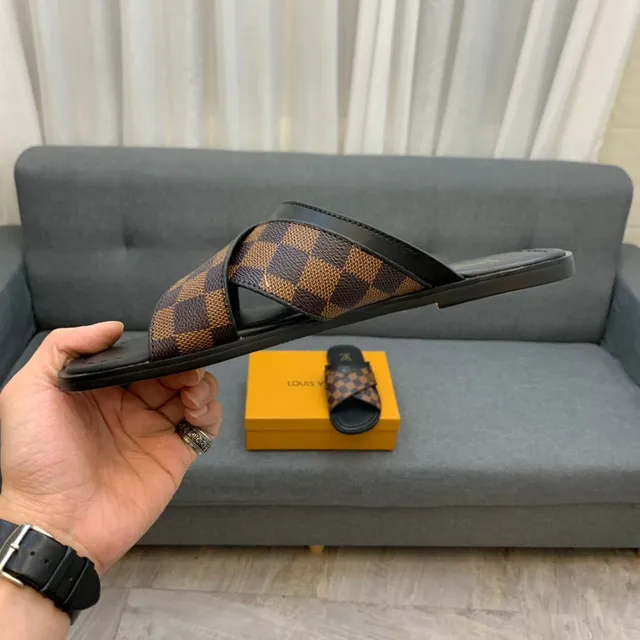 Louis Vuitton Brown Black Crossed-Strap Damier Check Canvas Slippers 2
