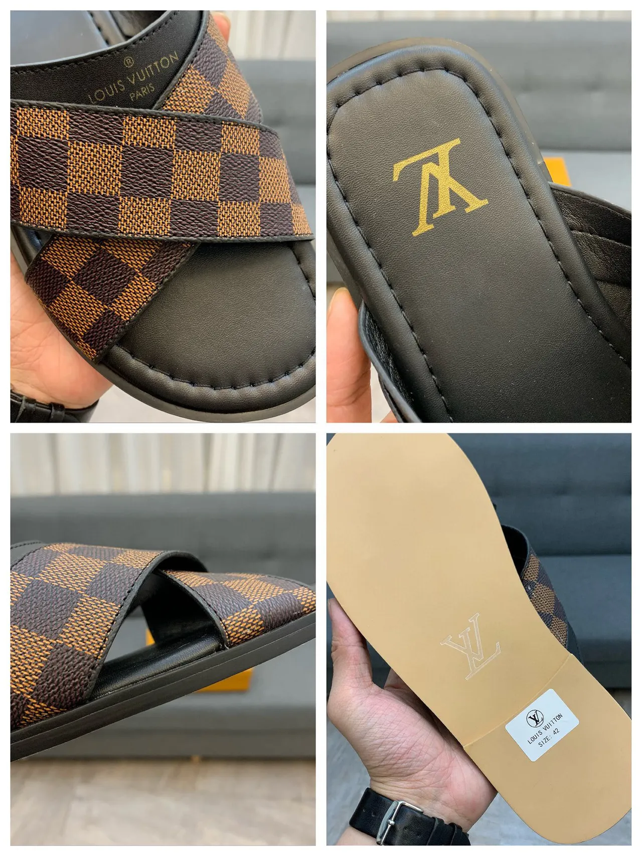 Louis Vuitton Brown Black Crossed-Strap Damier Check Canvas Slippers 3